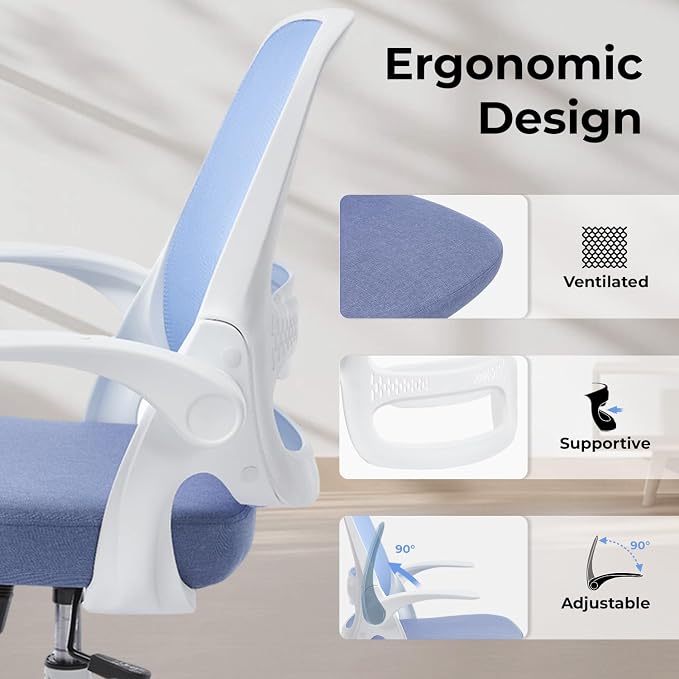 Ergonomic Mesh Office Chair for Home Office, Flip-Up Arms, Breathable Mesh Back & Thick Seat Cushion, Swivel Rolling Computer Desk Chair – BIFMA Certified, Supports 300 lbs (White Frame/Blue Seat)