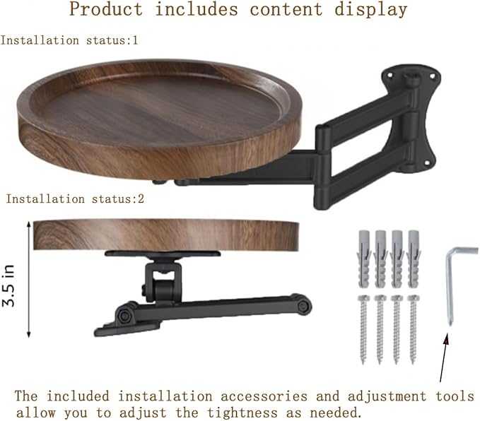 Retractable Wall Mounted Folding Table, Adjustable Sofa Floating Table Balcony Coffee Table, 11.8 Inch Round Wooden Tabletop, Space Saving Design, Adjustable Angle, Acacia Brown (Black)