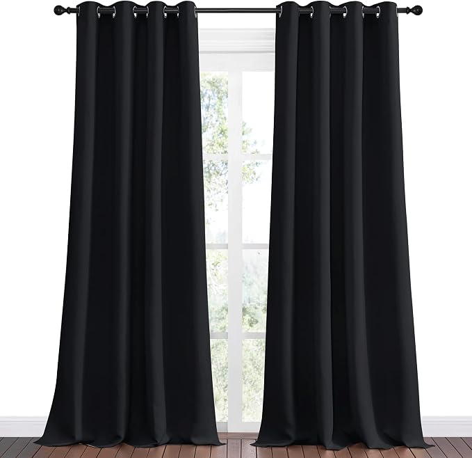 NICETOWN Patio Blackout Long Curtain Shades, 2 Panels, 55 inches x 120 inches, Black, Summer Home Decoration Thermal Insulated Grommet Blackout Draperies/Drapes for Kitchen