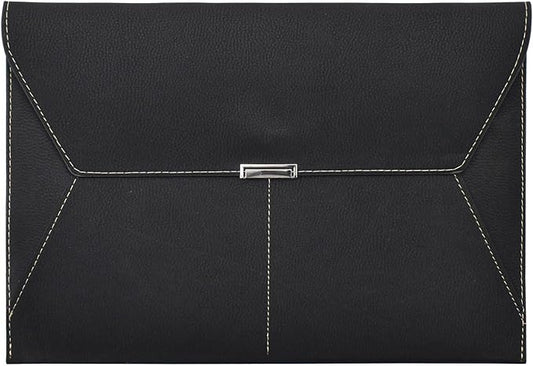 VANRA File Folder Document Holder Organizer Waterproof Portfolio Leather Folder Case with 3 Pockets, Filing Envelopes for A4 Letter Size Paper with Snap Magnetic Button Closure (Black)