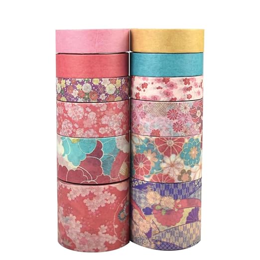 CooBigo 12 Rolls Washi Tape Set, Decorative Masking Tapes for Arts Scrapbook Planner Journaling Supplies Gift Wrapping DIY Crafts (Japan Cherry Blossoms)
