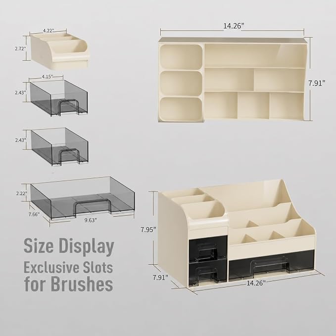 Makeup Organizer with Drawers,Large Cosmetic Storage Box,Countertop Skincare Organizer,ABS Makeup Brush Holder for Bathroom,Desk,Dresser,Multifunctional Beauty Display Case,Cream transparent