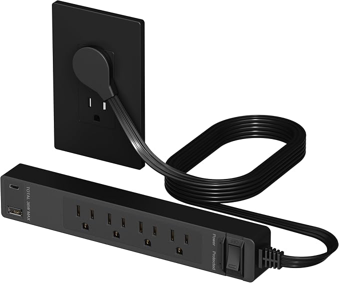 LIDER PD 36W Surge Protected Outlet Extender, 4-Outlet Power Strip, USB-A & USB-C, 5ft, Up to 1500J, LED Indicator, ON/Off Switch, Flat-Plug, 45-Degree Angle, 1250W, ETL Listed, Matte Black