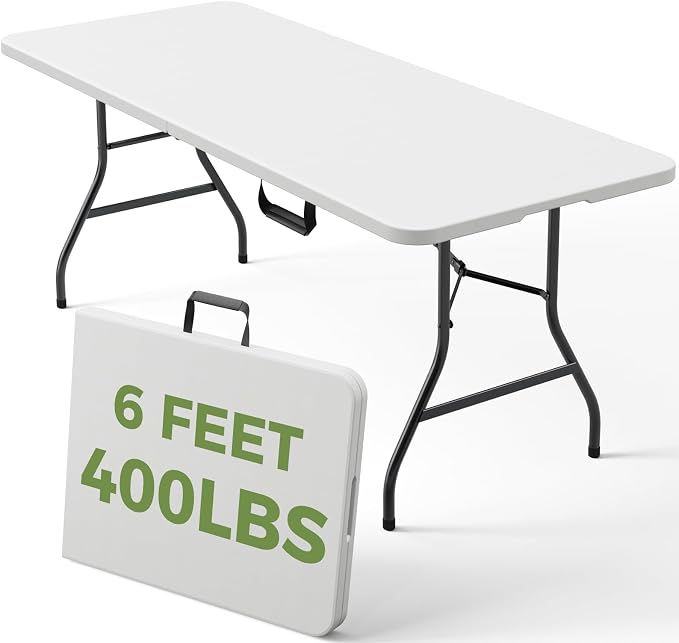Folding Table, 6 FT Foldable Plastic Table with Carrying Handle, Heavy Duty Portable Fold-in-Half Utility Table for Party, Camping, Banquet, Craft, Wedding, Indoor & Outdoor Use