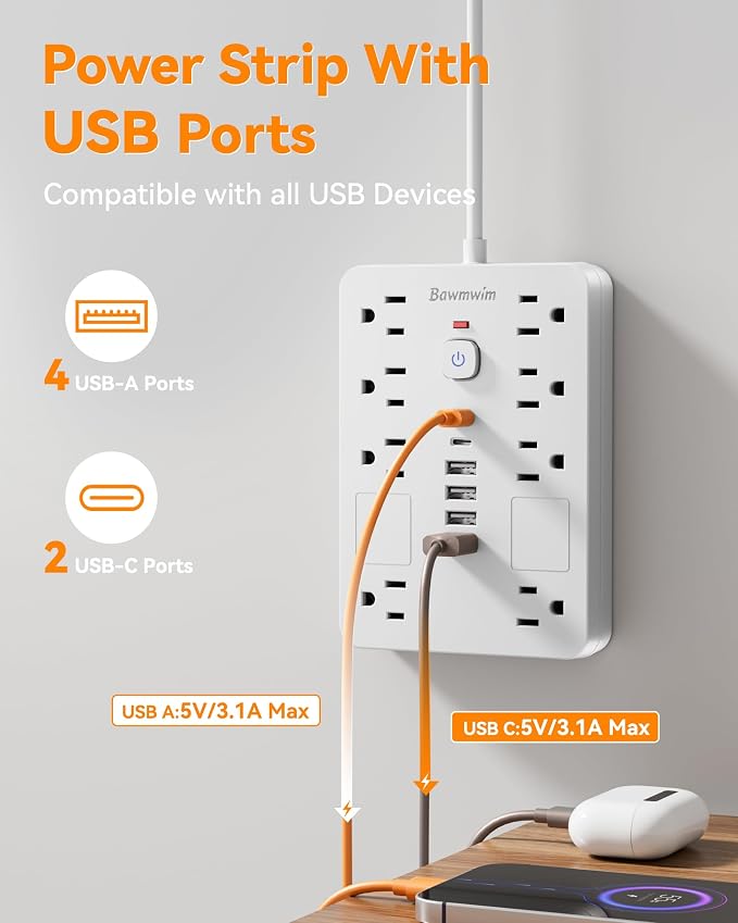 Surge Protector Power Strip - 8 Outlets(1850W/15A/14AWG) with 6 USB Ports（2 USB C, 10FT Flat Plug Extension Cord, Wall Mount Multi Plug Outlet Extender, ETL Listed for Home, Dorm Room, White