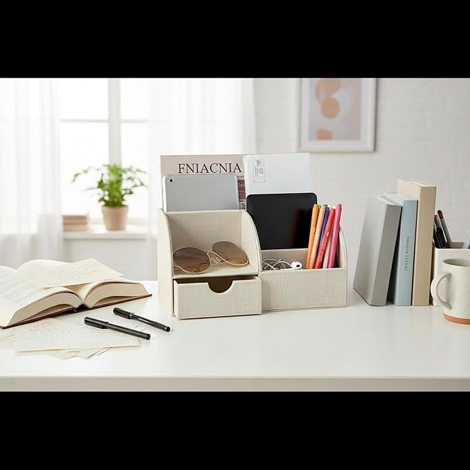 UnionBasic Desk Organizer - Multifunctional Leather Desktop Pen Holder Storage Box - Business Card/Pen/Pencil/Mobile Phone/Stationery Holder, Beige