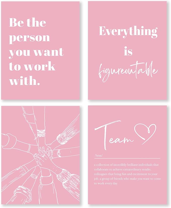 XWELLDAN Be The Person You Want to Work With Team Work Wall Art Decor, Inspirational Motivational Wall Decor for Office, Office Artwork Wall Decor, 8x10 Unframed Set of 4(light pink)