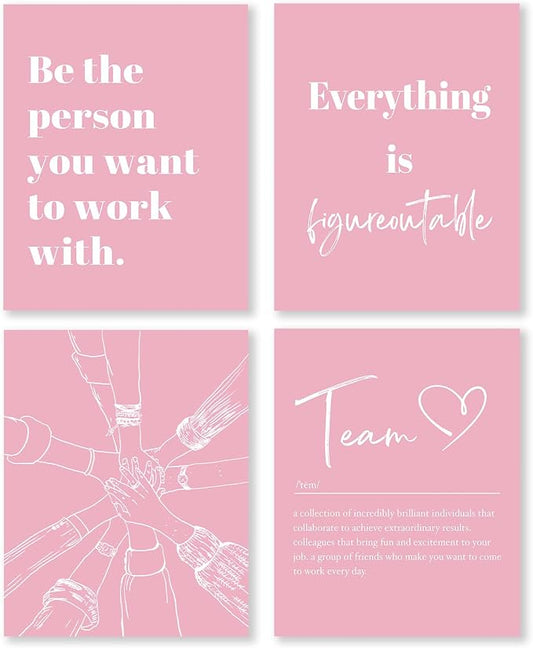 XWELLDAN Be The Person You Want to Work With Team Work Wall Art Decor, Inspirational Motivational Wall Decor for Office, Office Artwork Wall Decor, 8x10 Unframed Set of 4(light pink)