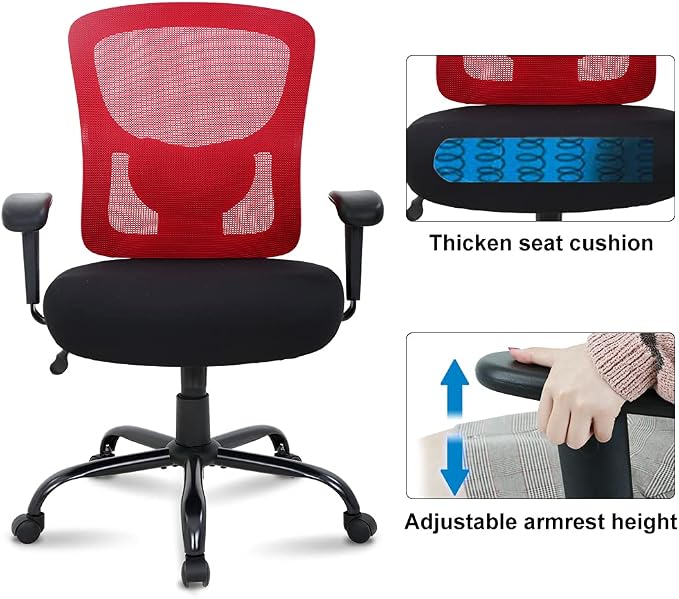 Big & Tall Office Chair Heavy Duty 400LBS Computer Desk Chair Ergonomic Task Rolling Swivel Mesh Chair with Lumbar Support & Adjustable Armrest Executive Chair for Women Men, Red