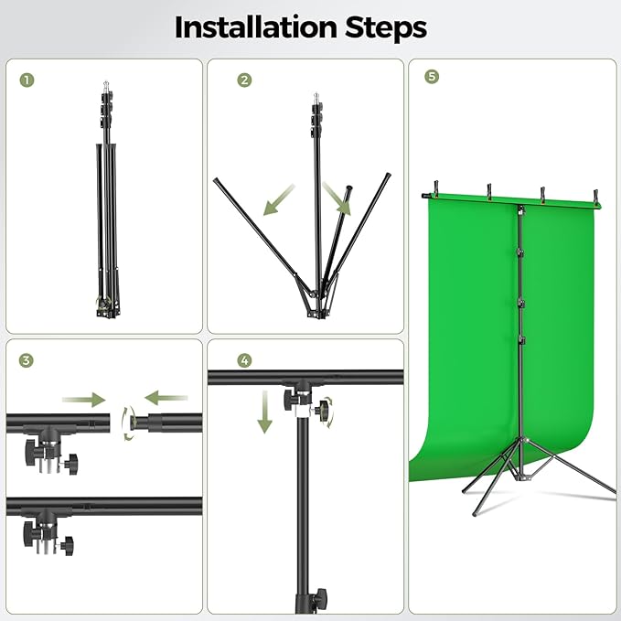 EMART Green Screen Backdrop Kit with Reverse Folding Base, 5x10ft Photo Greenscreen Background with Portable T-Shape Stand and 4 Clamps for Photography, Photoshoot, Studio Video Recording, Streaming