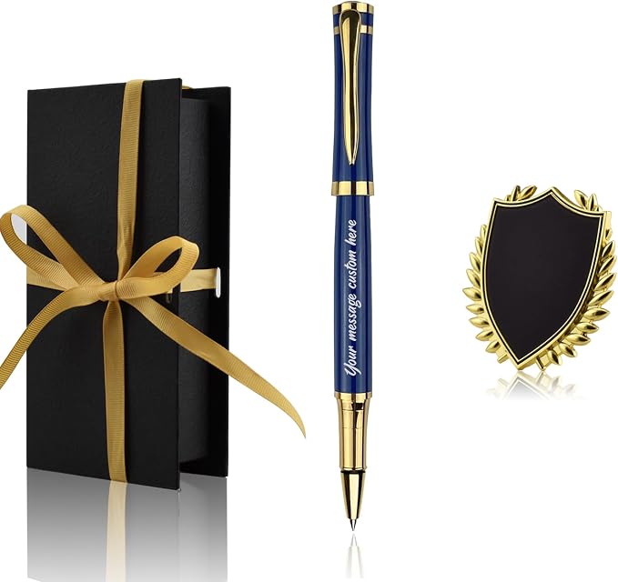 Yastar Personalized Pen with a Custom badge Office Gift Set with Pen Box 2 extra Black Refills Engraved with your Message Names Company Names Phone Number Gift for Colleague Friends Business