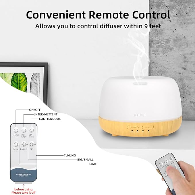 300ML Essential Oil Diffuser,Quiet 8 Hours Operation, 7-Color LED Light, 4 Timer, Remote Control, Aromatherapy Diffuser Auto-Off, for Bedroom, Living Room, Office, Home