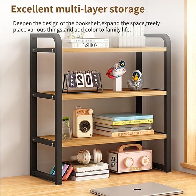 Office Desk Shelf Organizer, Wood Desktop Bookshelf Supplies Storage Rack, Shelf for Top of Desk and Dresser and Cubicle Decor Aesthetic Bookshelf (White Wood-three Tier, 11.81 Lx7.87 Wx22.05 H)