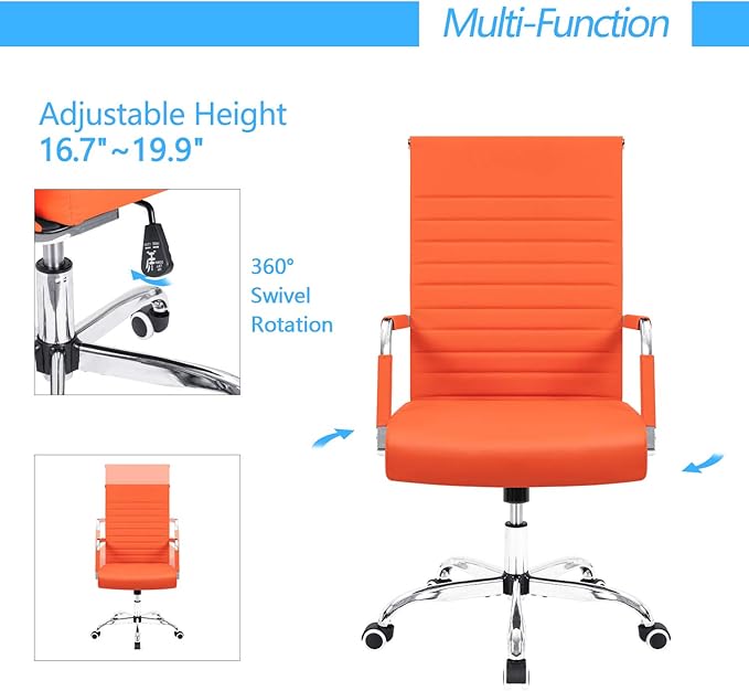 Furmax Ribbed Office Desk Chair Mid-Back Leather Executive Conference Task Chair Adjustable Swivel Chair with Arms (Orange)