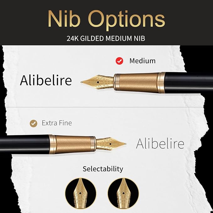 Black Luxury Fountain Pen Set for Men and Women with Gift Box, 24K Gold Finish and Gilded Nib(Medium) with 5 Black Ink Cartridges and Converter