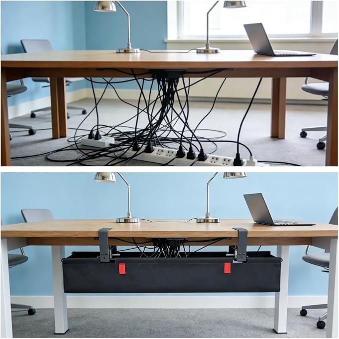 Under Desk Cable Management No Drill – 36" L x 6" W Cord Organizer, Upgraded Silicone Pads (No Scratch), 16 Cable Slots, Washable PE Honeycomb Base, Fits Desks 0–2.1" Thick, Beige