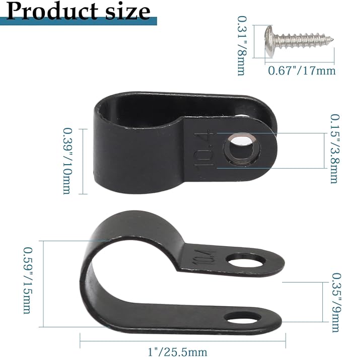 100 Pcs 3/8 Inch Black Nylon Screw Mounting Cable Clip Wire Clamp | R-type, 10.4mm, Wire Management, Stainless Steel Screws Included