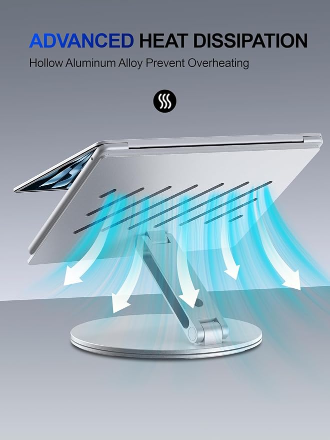 YICOSUN Laptop Stand for Desk, 360° Rotating Height Adjustable Computer Stand, Ergonomic Aluminum Laptop Riser with Ventilated Cooling, Foldable for 10-16 inch MacBook Pro Air Neo Dell HP - Silver