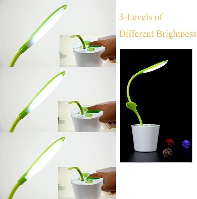Flexible USB Touch Desk Lamp, Flexible Neck LED Desk Lamp 3 Level of Brightness Sapling Pot with Plant Pencil Holder for Office Study Reading (Dark Green)