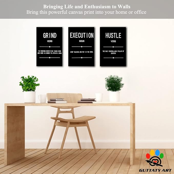 Office Wall Art - 3 Panel Motivational Wall Art, Inspirational Quotes Canvas Art for Home Office Wall Decor, Positive Quotes Wall Decor, Entrepreneur Grind Hustle Execution Poster Frame (12”x18”x3Pcs)