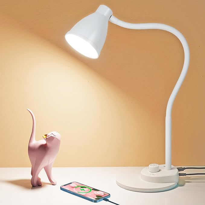 BOHON LED Desk Lamp with USB Charging Port, 3 Color Modes Dimmable Reading Lamp, Auto Dimming Task Lamp, Flexible Neck Table Light for Dorm Bedside, Adapter Include, White