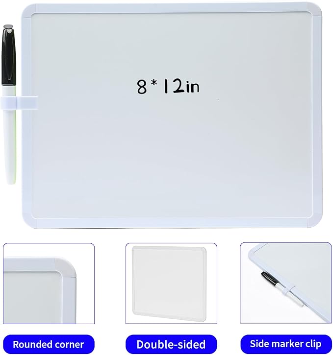 MXG Double Sided Modern White Frame Small White Board Dry Erase, 8x12 Inch Portable Whiteboard for Fridge, Wall & Desk, Includes Magnets, Marker & Eraser, for Office, Classroom, & Business