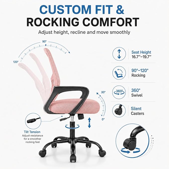 Ergonomic Office Chair, Home Office Desk Chair, Game Chair with Lumbar Support, Breathable Mesh Chairs, Swivel Desk Chairs for Computer, Home, Office, 360° Swivel (Pink)