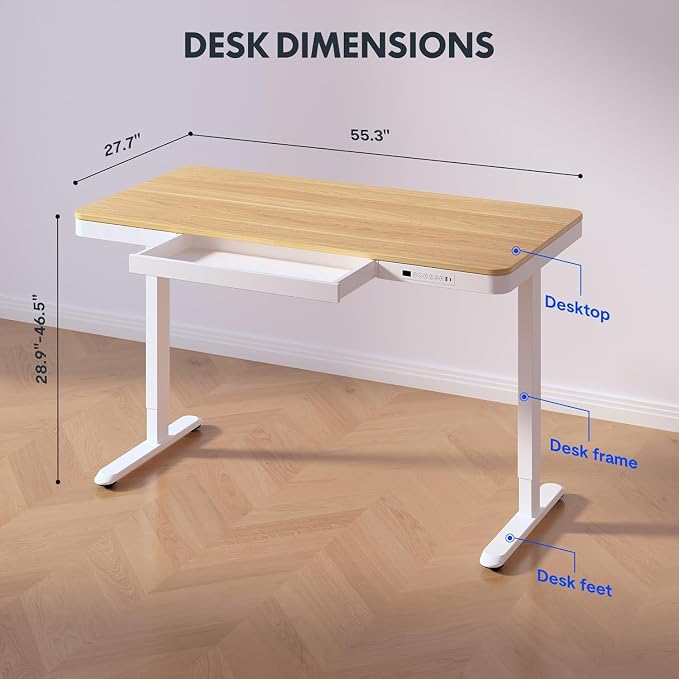 SANODESK Standing Desk with Drawer, Electric Height Adjustable Home Office Desk with Storage & USB Ports, 55 inch Maple Wood Tabletop/White Frame