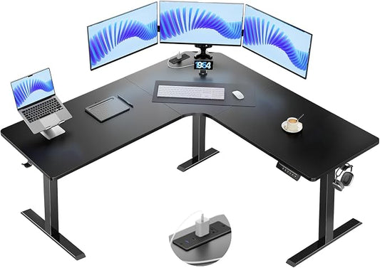 HUANUO Electric L Shaped Standing Desk, 63" x 63" Height Adjustable Corner Standing Desk with Built-in Power Outlets & Power Strip Holder, Sit Stand Up Table with 4 Preset Heights, Black