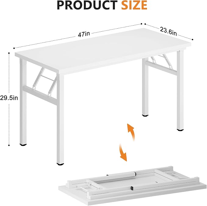 sogesfurniture Modern Foldable Computer Desk 47 inches, No Assembly Sturdy Laptop Workstation for Home Office, Portable Folding Study Table Writing Gaming Desk for Small Spaces, White