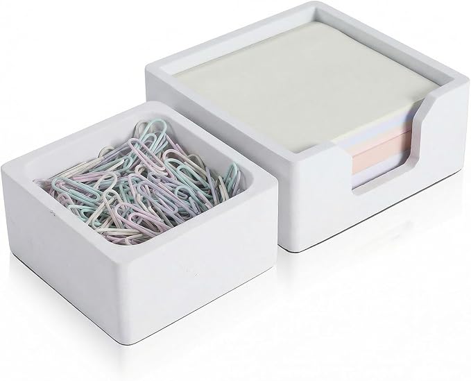Concrete Desk Organizer Set of 2 - Minimalist Sticky Note Holder & Paper Clip Dispenser - Heavy Duty Office Desk Accessories with Non-Slip Base for Home Workspace Organizer & Desk Decor, White