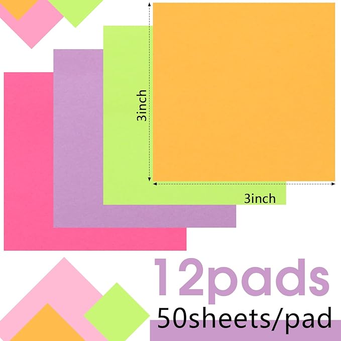 Thenshop 12 Pads Neon Fluorescent Pastel Sticky Notes 3''x3'', Self Stick Notes Pads Neon Fluorescent Pastel Office Supplies, Vintage Aesthetic School Accessories 50 Sheets/pad