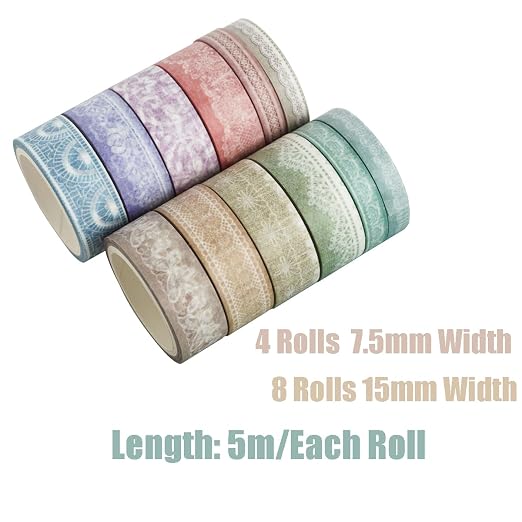 Lace Patterns Washi Tape Set 12 Rolls, Decorative Paper Sticker for Planner Scrapbook Journal DIY Arts Craft