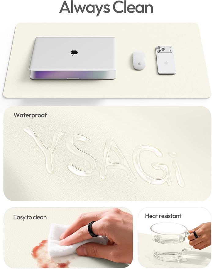 YSAGi Leather Desk Pad Protector, Office Desk Mat, Large Mouse Pad, Non-Slip PU Leather Desk Blotter, Laptop Desk Pad, Waterproof Desk Writing Pad for Office and Home (Cream,55" x 24")
