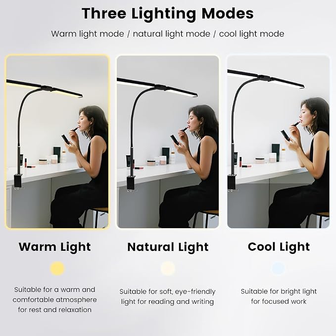 33" Ultra Wide LED Desk Lamp with Clamp,Double Head Adjustable Architect Light,Eye-Caring Monitor Lamp for Home Office,Flexible Gooseneck Task Lamp,10 Brightness Levels & 3 Color Temperature Modes