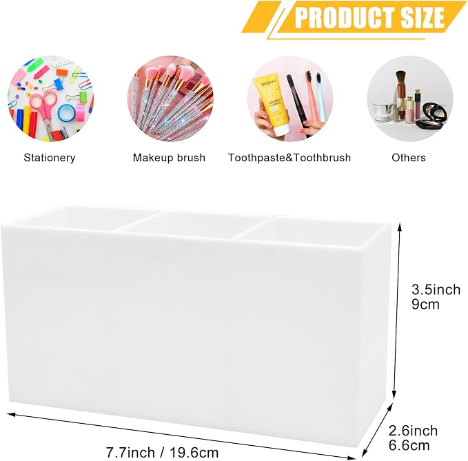 Cerpourt White Makeup Brush Organizer,Acrylic Cosmetic Brushes Storage Holder with 3 Slots,Pencil Pen Holder for Desk,Desk Organizer and Accessories for Vanity