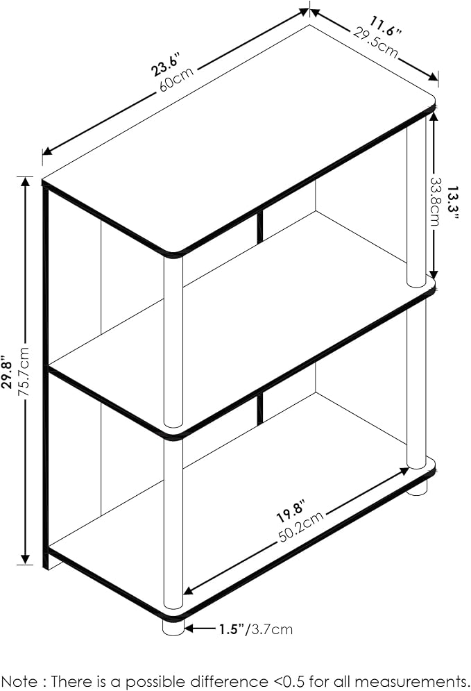 Furinno Jaya Simple Design 3-Tier Bookcase/Bookshelf/Display Rack with Stainless Steel Tubes, Americano | 11.6 x 23.6 x 30, Storage Shelves, Shelving Unit, for Organization and Storage, Living Room, Garage, Home Office