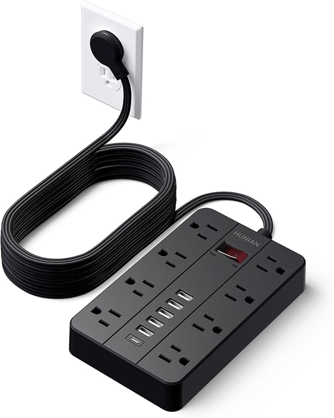 15 Ft Long Extension Cord Power Strip with Multiple Outlets, HUNIAN Flat Plug with 8 Widely Spaced Outlets 6 USB, Wall Mount Charging Station for Home and Office, Black