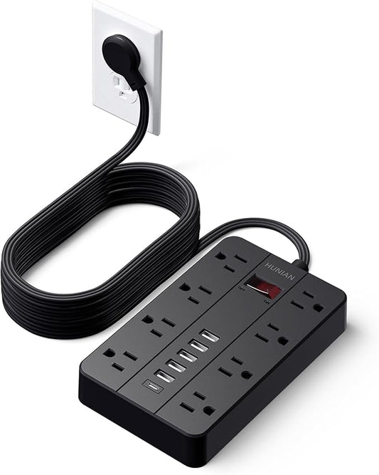 15 Ft Long Extension Cord Power Strip with Multiple Outlets, HUNIAN Flat Plug with 8 Widely Spaced Outlets 6 USB, Wall Mount Charging Station for Home and Office, Black