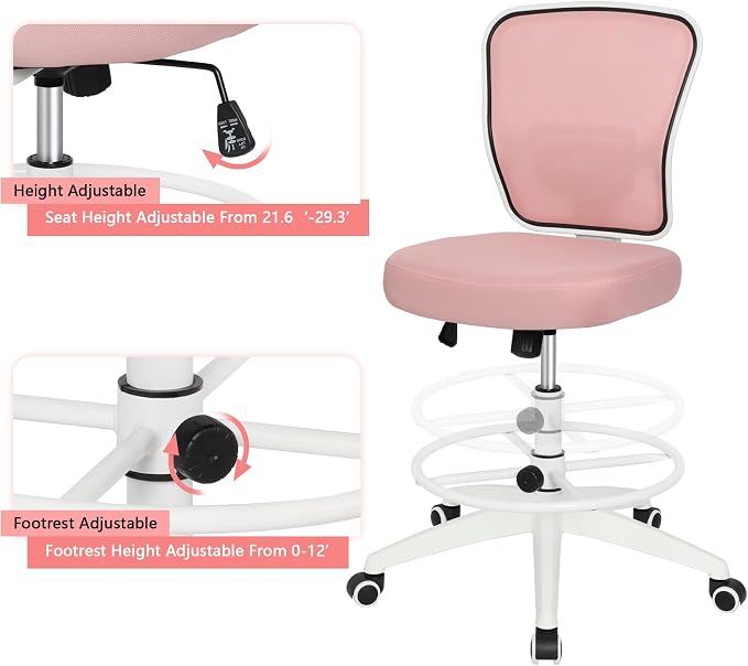 Drafting Chair Adjustable Height Tall Office Chairs Standing Desk Chair Rolling Stool Chair Armless Office Drafting Chair Pink