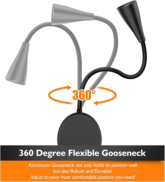 SANKEDOU LED Wall Mount Reading Light, Bedside Reading Lights with Touch Control, 5 Dimmable, USB Output, Night Light & Timers, Flexible Gooseneck Headboard Bed Lights Wall Sconce