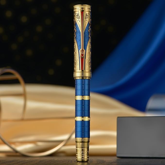 HONG DIAN D5 Qin Dynasty Fountain Pen Blue Gold, Fine Nib Piston Filling Pen, Retro Chinese Totem Engraving Smooth Writing Pen with Pen Box Set