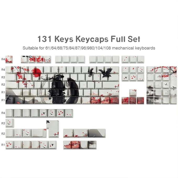PBT Keycaps - Side Print Keycaps, Shine Through Custom Key caps 75 Percent, Ink Painting Keycap Set Dye Sub & Double Shot, 131 Keys Cherry Profile Keyboard Keycap for Mechanical Keyboard, Wuxia