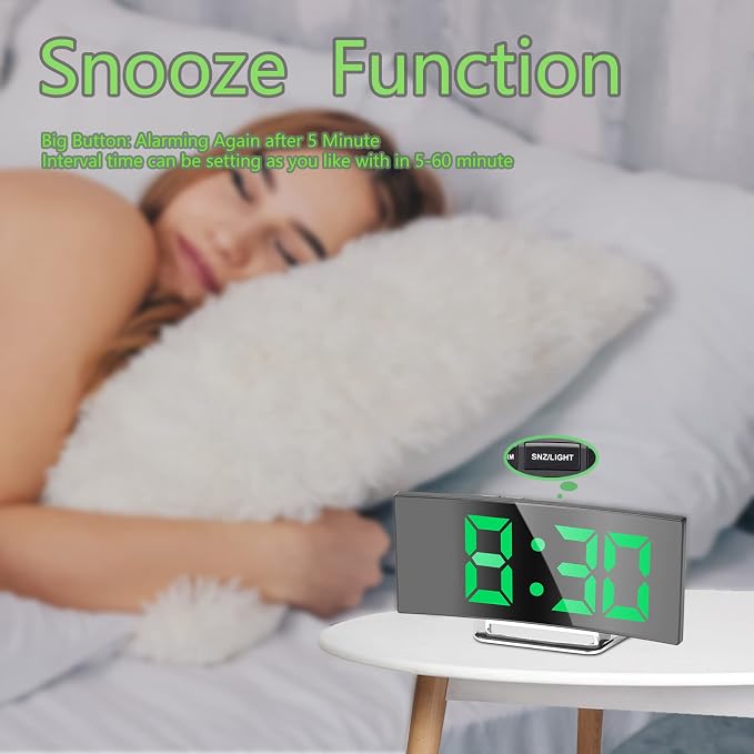 Digital Alarm Clock for Bedrooms, Bedside Mirror Clock with Modern Curved Design, 2 Brightness, 12/24H, Snooze, USB Power Supply, Power-Off Memory(Green)