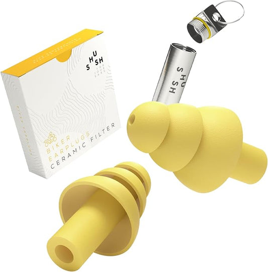 Shush Biker Earplugs - High Performance Hearing Protection Against Wind Noise - Ceramic Filter (SNR 24dB) for Superior Sound Quality - Better Focus - Reusable Over 365 x Ochre Yellow