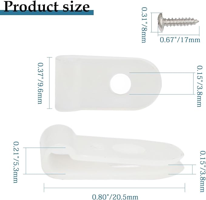 100 Pcs 1/8 Inch White Nylon Cable Clip Wire Clamp | R-type Screw Mounting, 3.3mm, Wire Management, Stainless Steel Screws Included