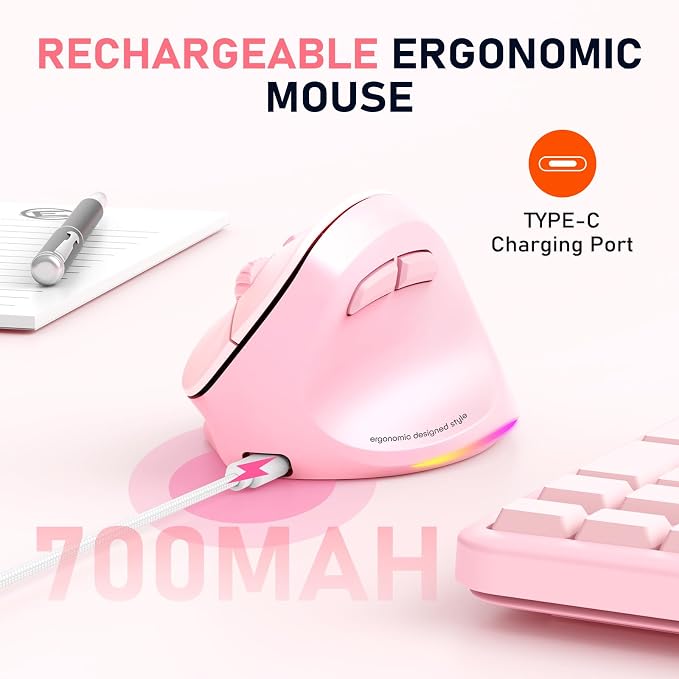 MEETION Ergonomic Mouse, Wireless Vertical Mouse RGB Backlit Rechargeable Mice for Bluetooth(5.2 + 3.0) USB, 4 Adjustable DPI Compatible Mac/Windows/Andriod/PC/Tablet/iPad Pink
