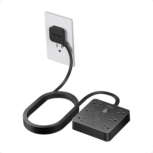 TESSAN 10Ft Black Extension Cord with Multiple Outlets, Surge Protector Power Strip with 6 Outlets and 3 USB Ports (1 USB C), 1700 Joules Protection, Flat Plug, Outlet Extender for Home, Office, Dorm