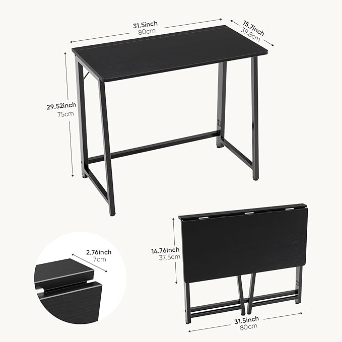 DUMOS 31.5 Inch Folding Desk, Foldable Computer Table for Small Spaces, Metal Frame Gaming Writing Work Station, Mini Home Office Surface, Black