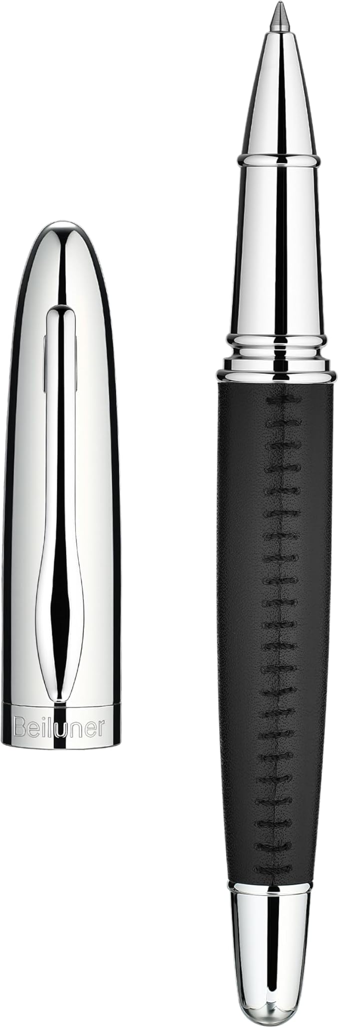 BEILUNER 318 Luxury Leather Pen, Hand-Stitched Premium Leather, Chrome-Plated Finish, Smooth Black Ink Refill, Best Rollerball Pen Gift for Men & Women, Refillable, Executive Writing, Nice Pens